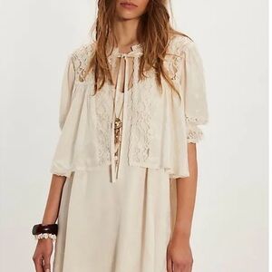 Free People Cream Lace Blouse with Ribbon Tie